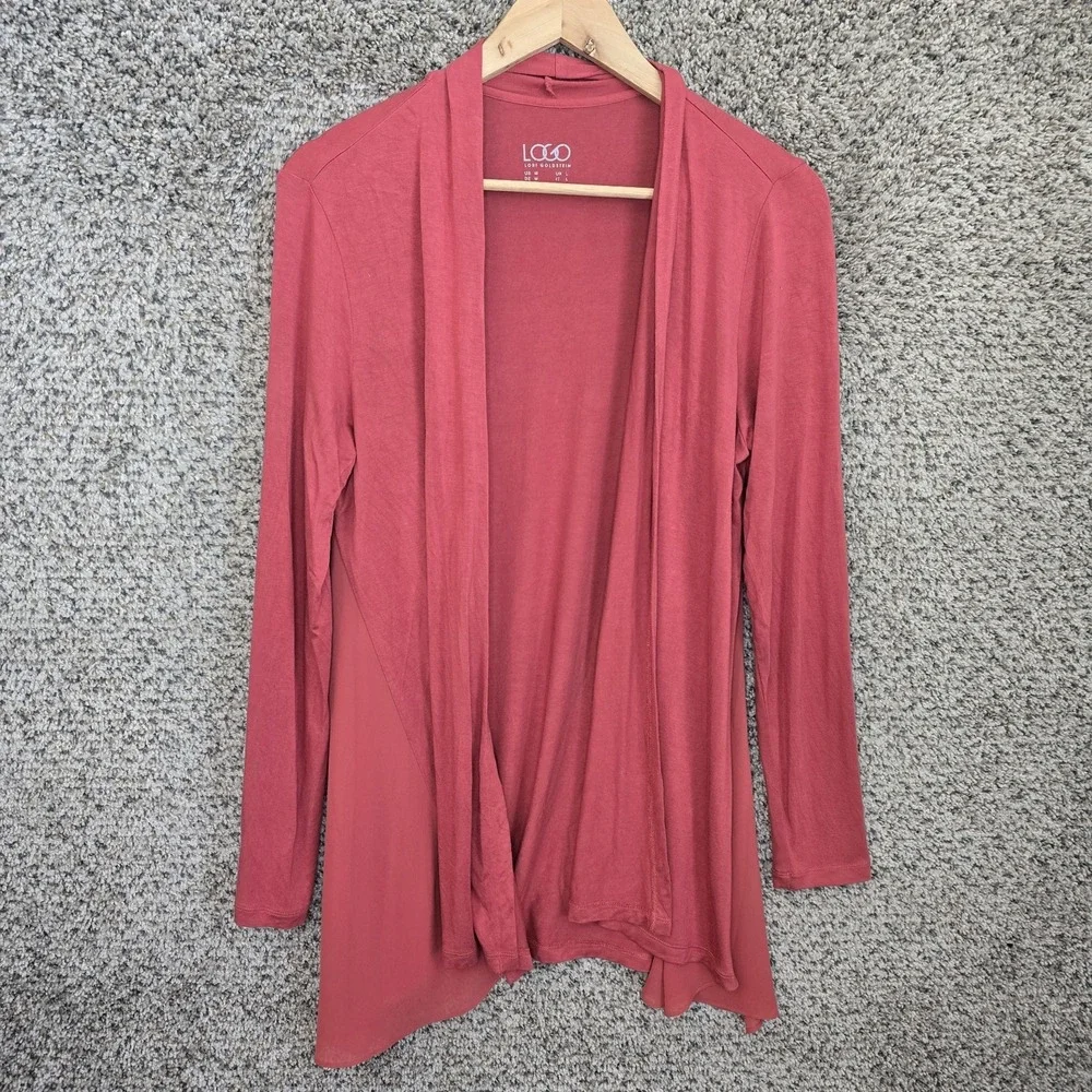 LOGO Lori Goldstein Cardigan Womens Medium Pink Open Front Stretch Casual Ladies
